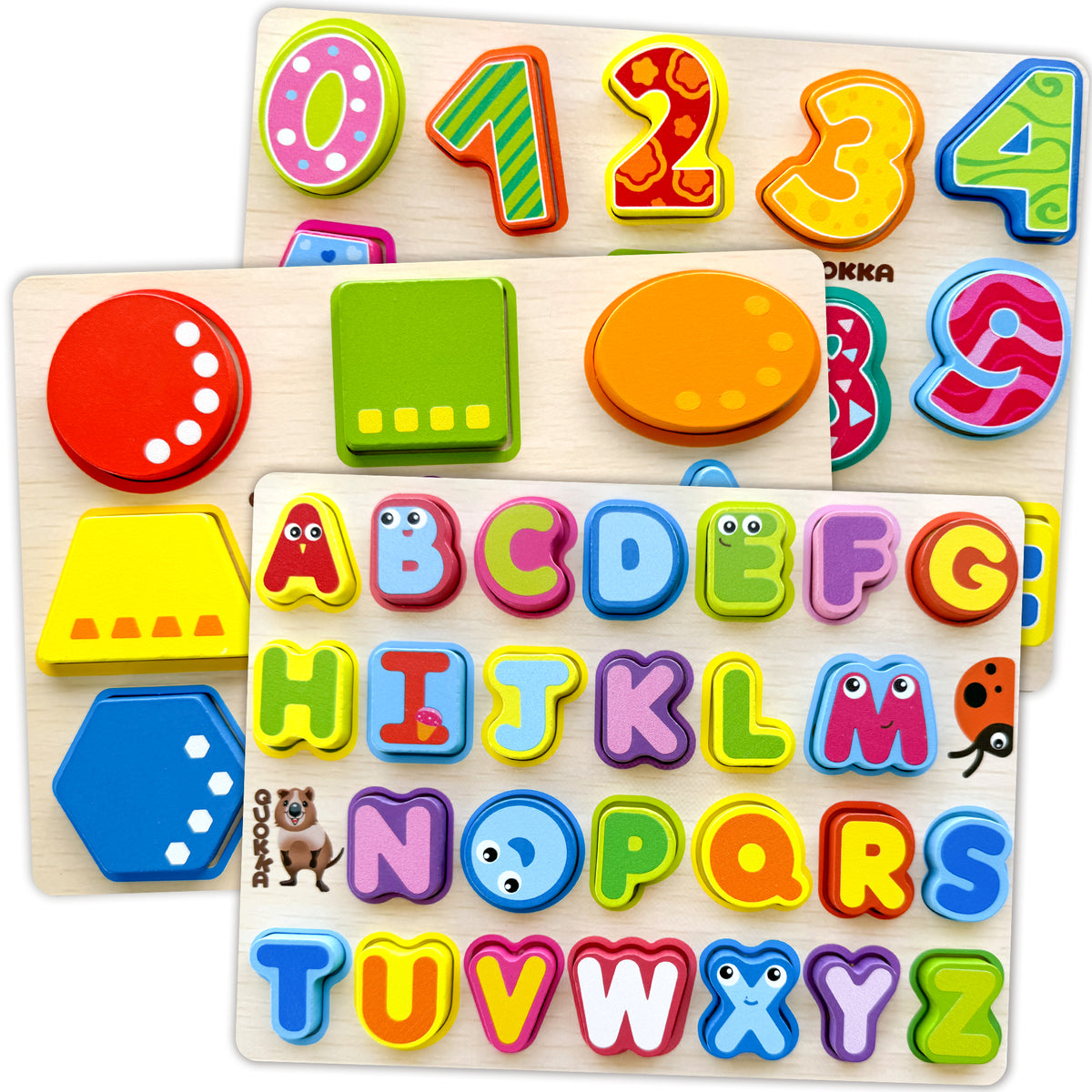 3 Set Chunky Wooden Puzzles for Toddlers | Alphabet, Numbers & Geometric Forms