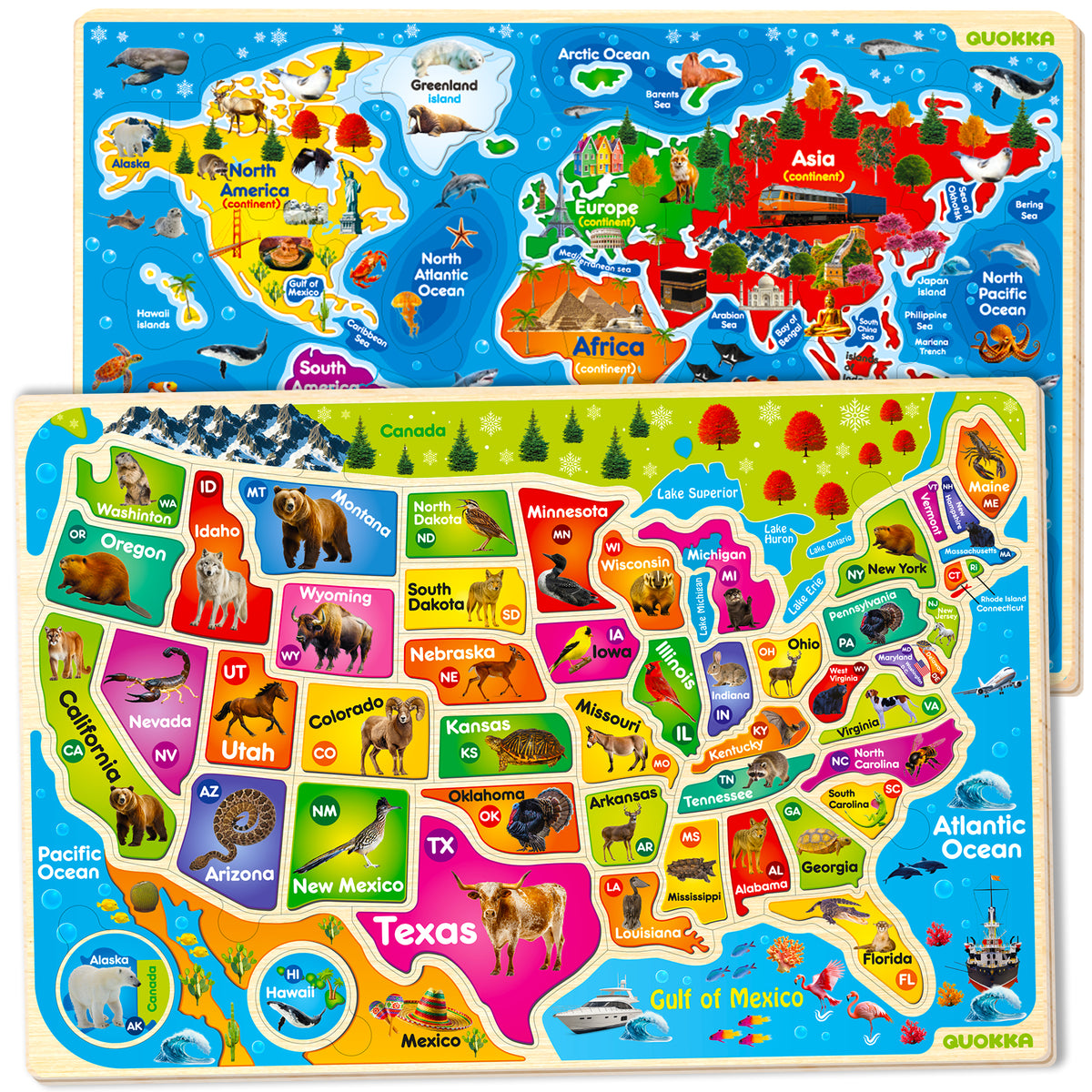 Wooden Puzzles for Kids - Realistic USA and World Map