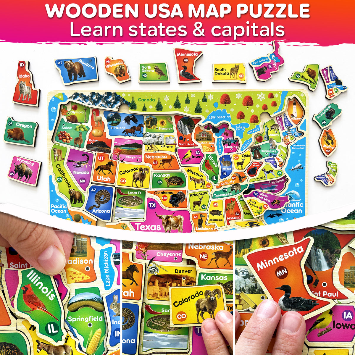 Wooden Puzzles for Kids - Realistic USA and World Map