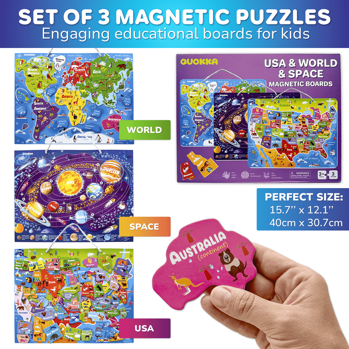Magnetic Puzzles for Kids World Map, USA, Space