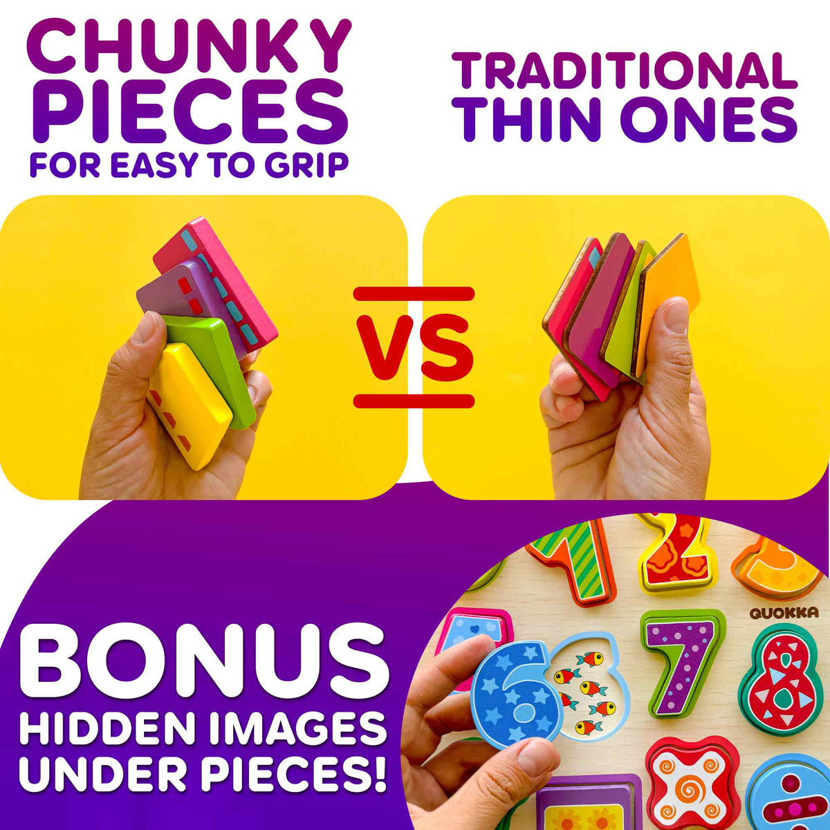 3 Set Chunky Wooden Puzzles for Toddlers | Alphabet, Numbers & Geometric Forms