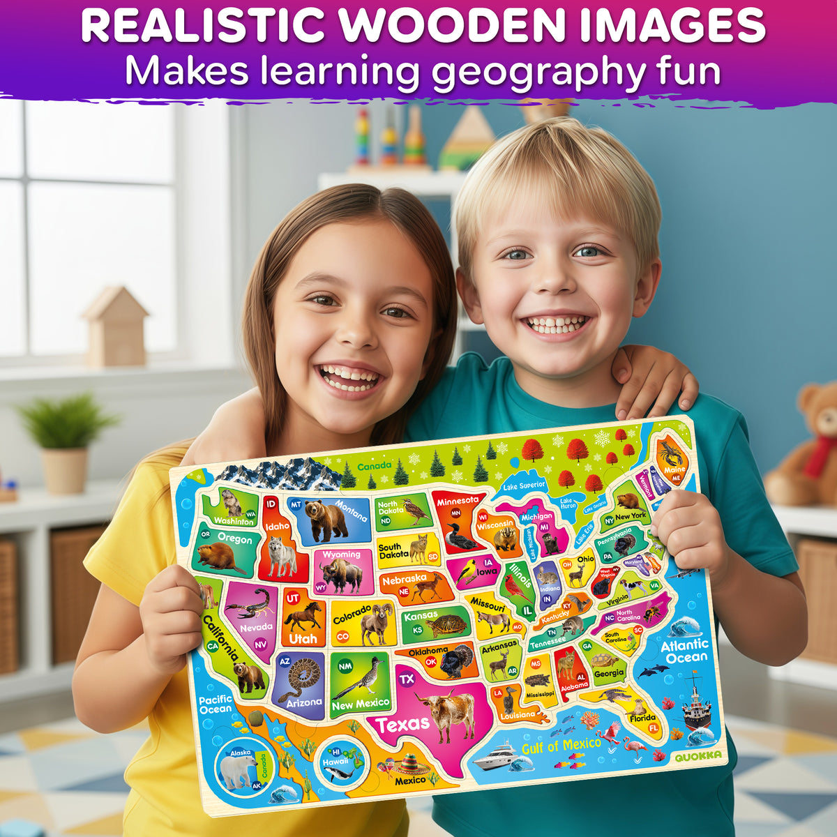 Wooden Puzzles for Kids - Realistic USA Map