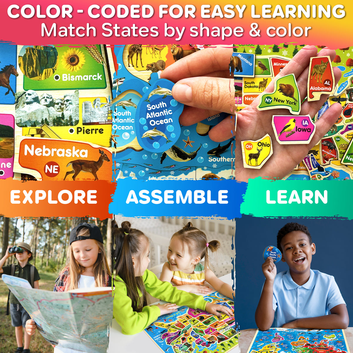 Wooden Puzzles for Kids - Realistic USA and World Map