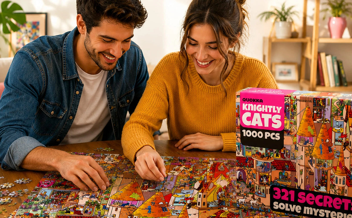 Couple assembling a puzzle together indoors