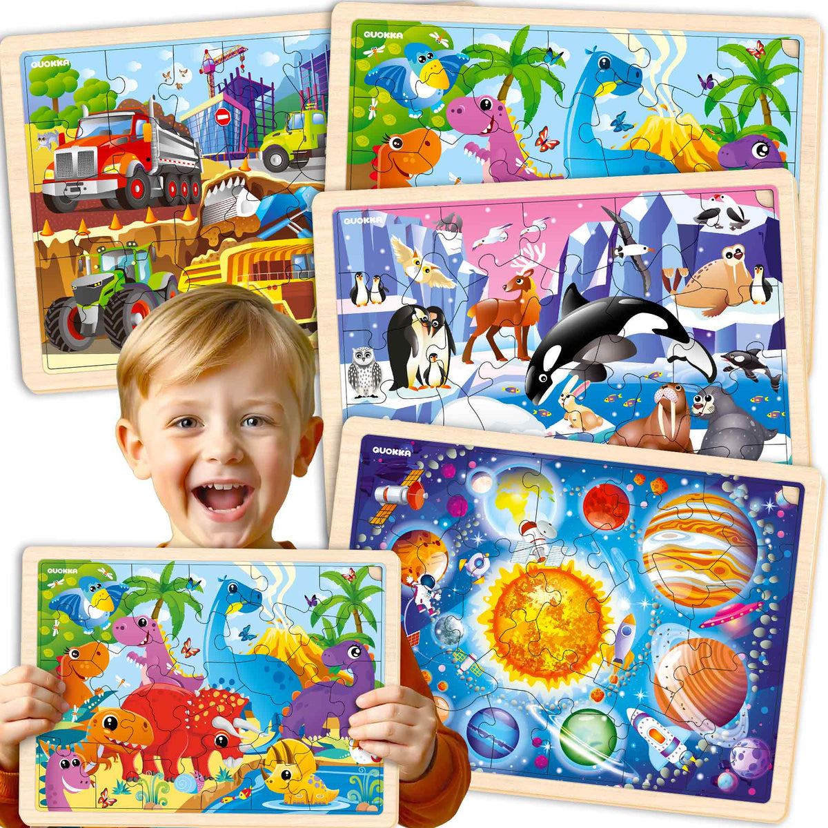 4 Set Wooden Puzzles for Toddlers  Animals, Dino, Vehicles & Space