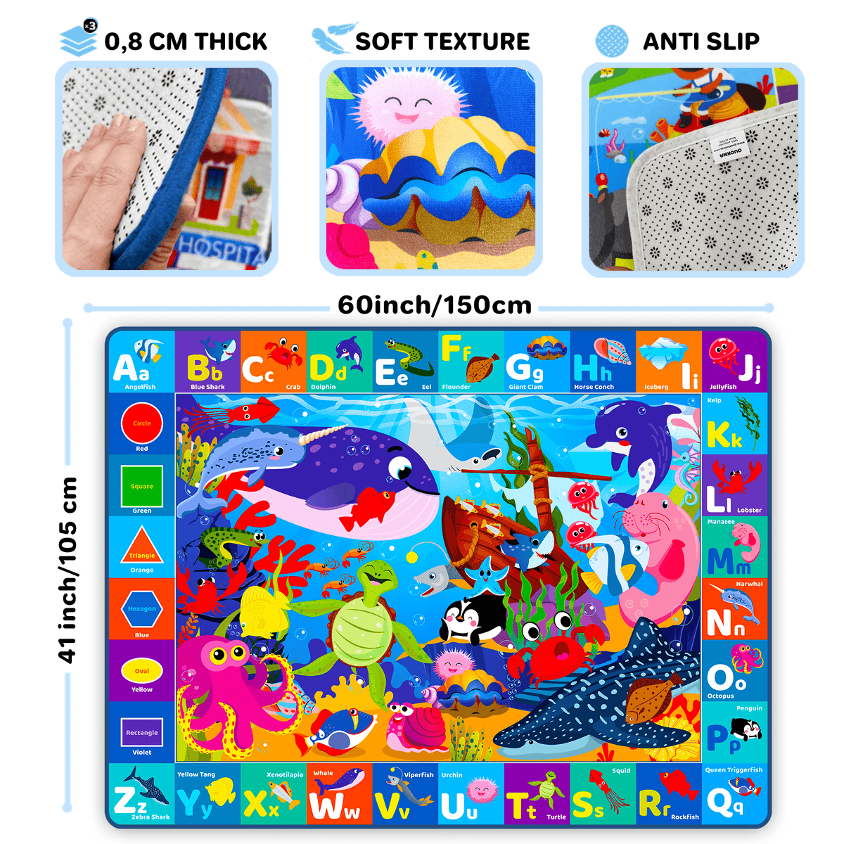 QUOKKA Baby Play Mat for Floor | Ocean ABC Rug for Kids Toddlers