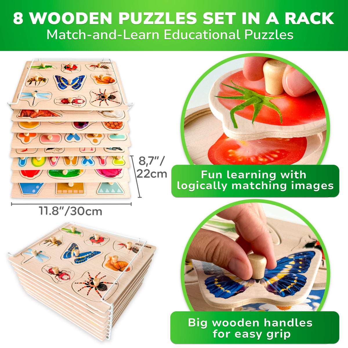 8 Pack Rack Wooden Puzzles for Toddlers| ABC, Numbers & Animals