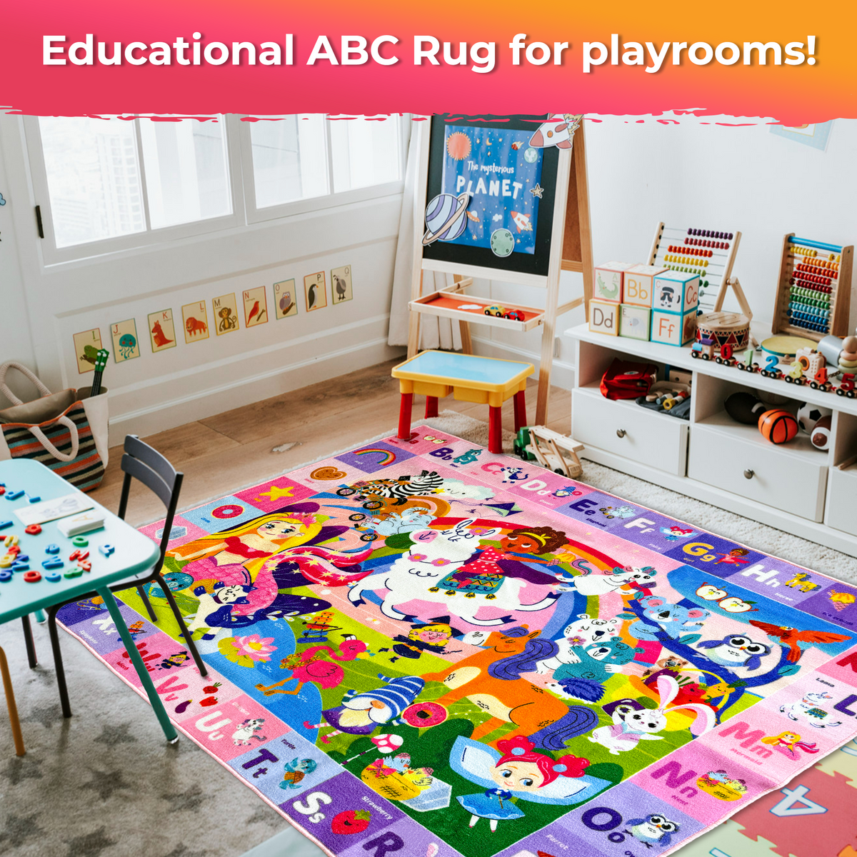 Small Classroom Girl Rug for Kids - 59x39 ABC Rugs for Playroom