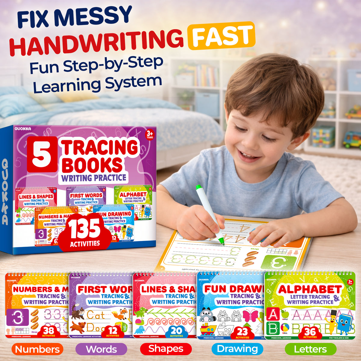 5 Set Tracing Books for Kids - Writing Practice Kit with Markers
