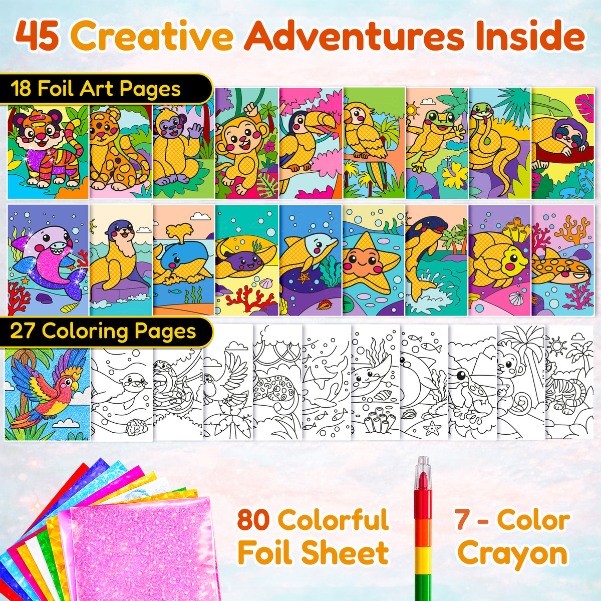 Foil Art Crafts Activity Book with Coloring Pages for Kids Jungle & Ocean