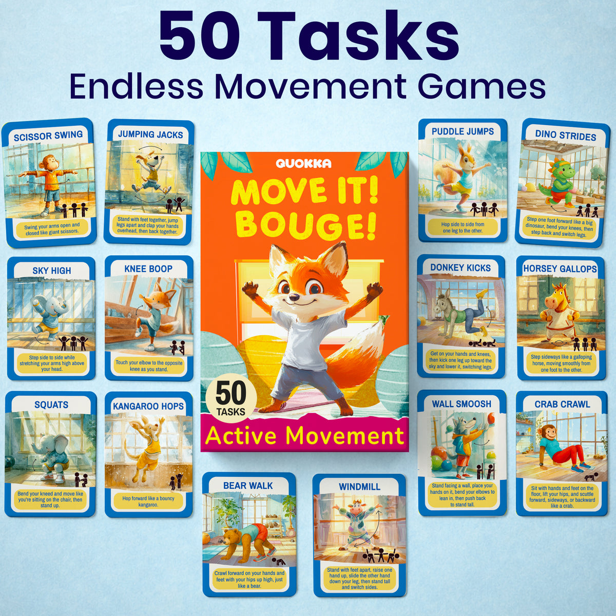 Active Movement Game for Kids  – 50 Animal-Themed Exercise Cards