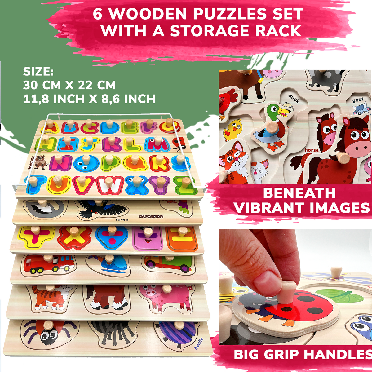 QUOKKA Wooden Puzzles for Toddlers 1-3 Alphabet, Numbers and Animals