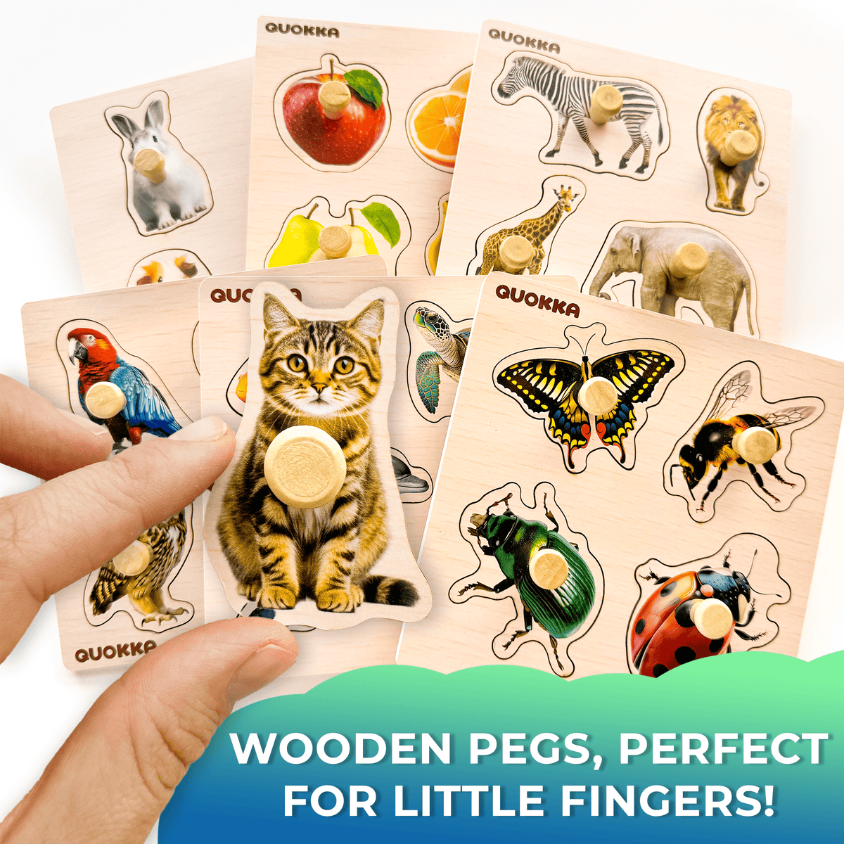 QUOKKA 6 Set Realistic Wooden Puzzles for Toddlers | Animal & Fruits