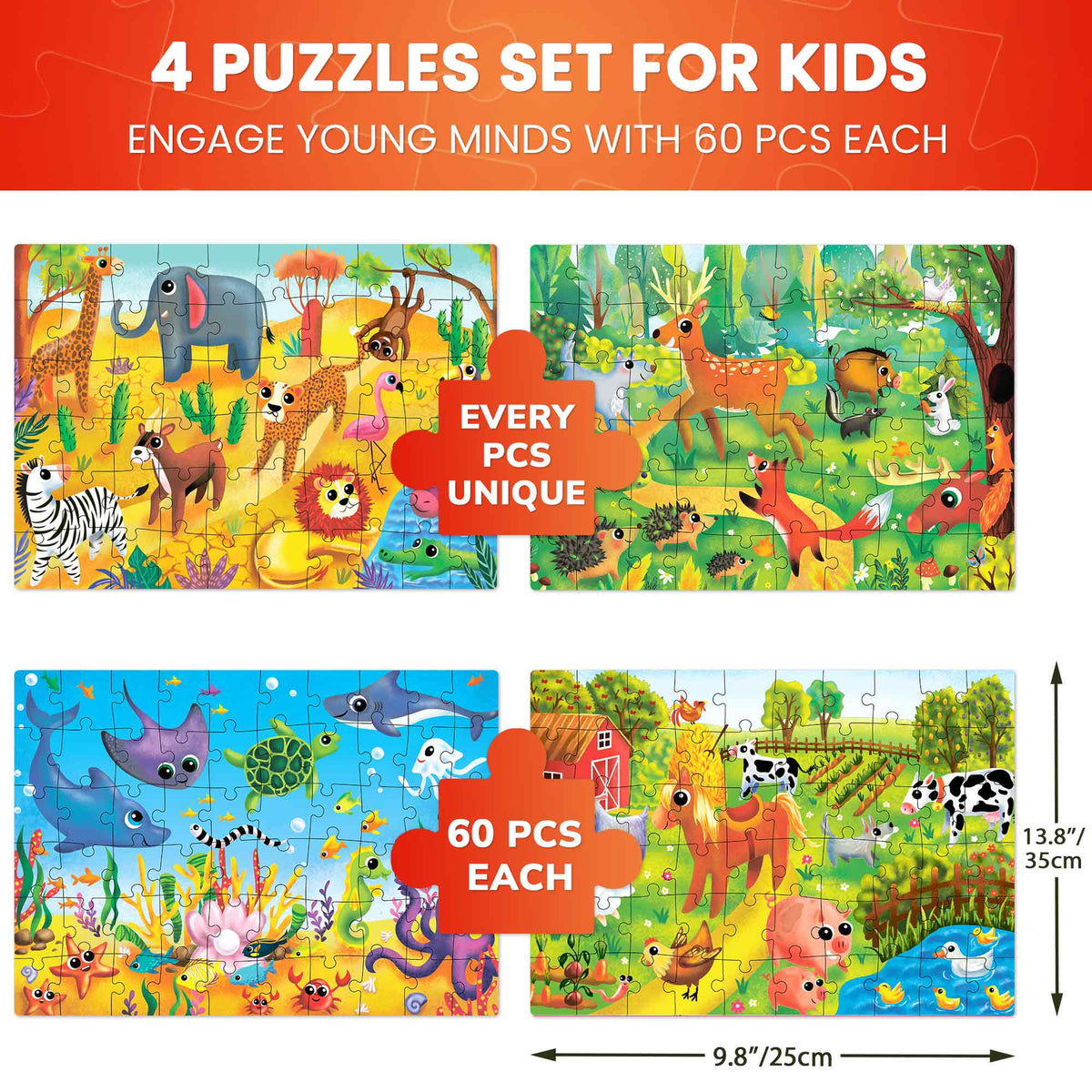 60 Piece Puzzles for Kids | Farm, Ocean & Safari Animals