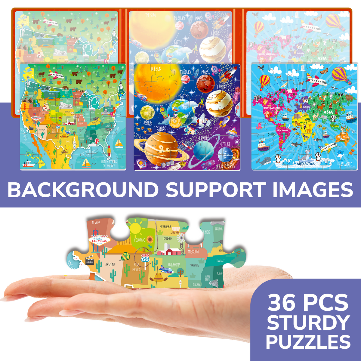 QUOKKA Magnetic Book 36 Piece Puzzles for Kids | Maps USA, World & Space