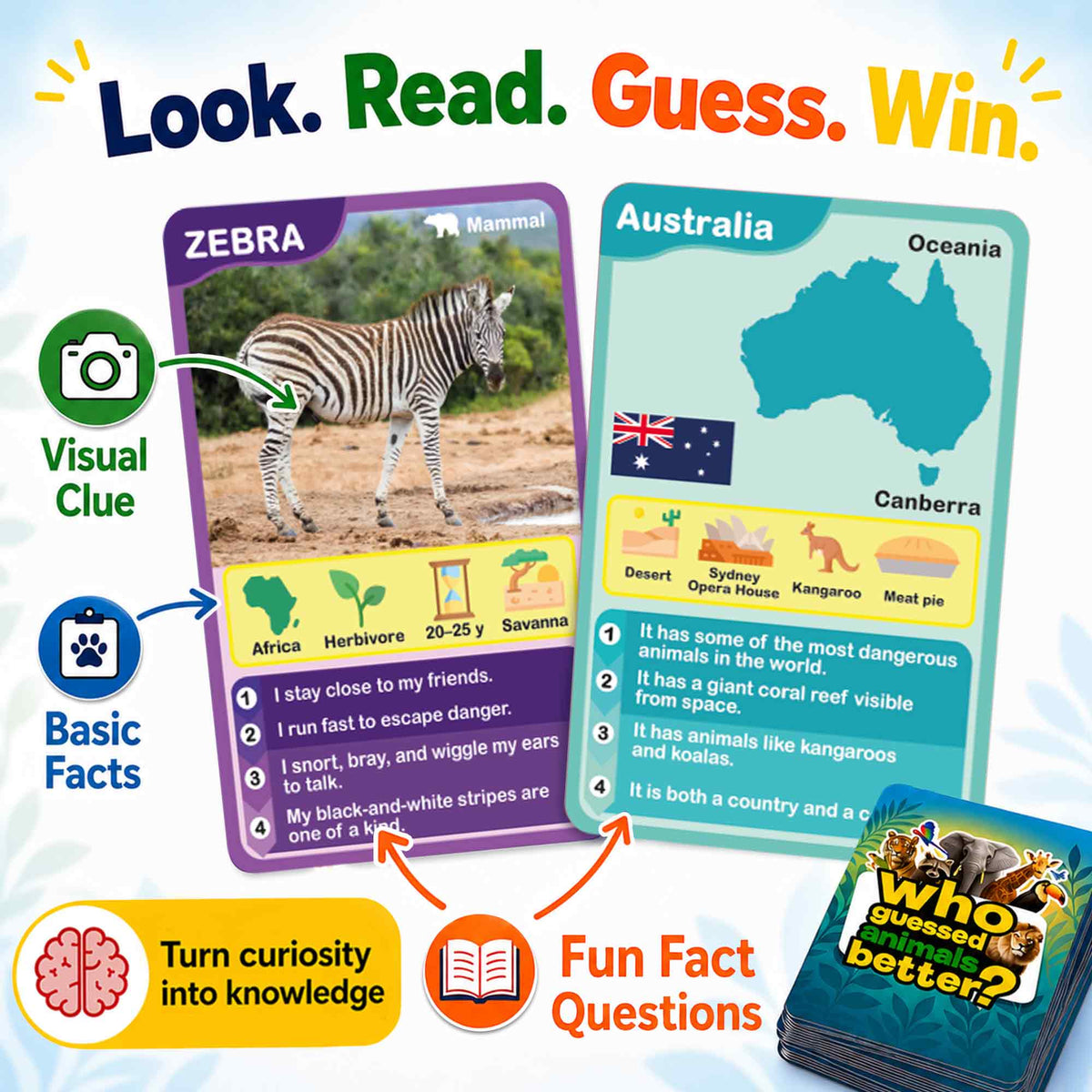 3 Set Educational Game for Kids - Who Guess It Better: Animals & Countries