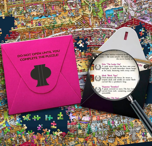 Magnifying glass and puzzle envelope on a table