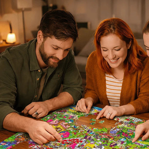Couple assembling a puzzle together on date night