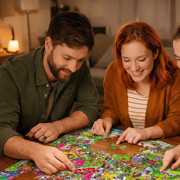 Couple assembling a puzzle together on date night